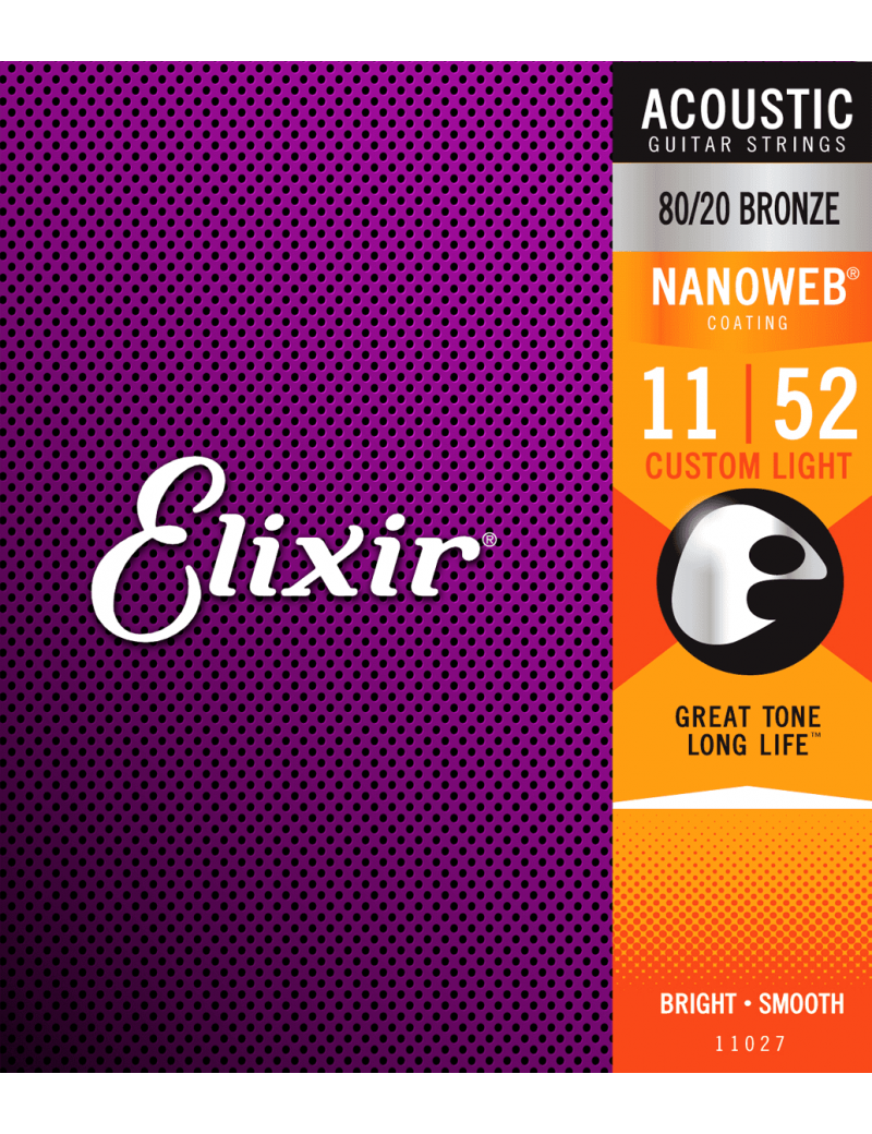 Elixir 11027 Nanoweb cordes acoustiques 80/20 Bronze custom light 11/52