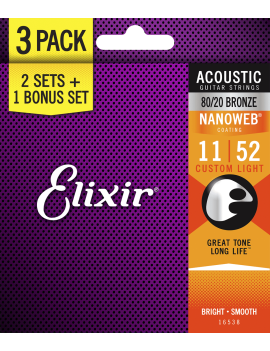 Elixir 16538 pack de 3 Jeux Acoustic Nanoweb 80/20 11-52