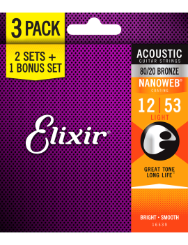 Elixir 16539 pack de 3 jeux Acoustic Nanoweb 80/20 12-53