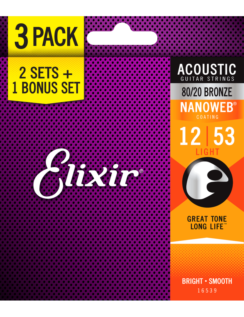 Elixir 16539 pack de 3 jeux Acoustic Nanoweb 80/20 12-53