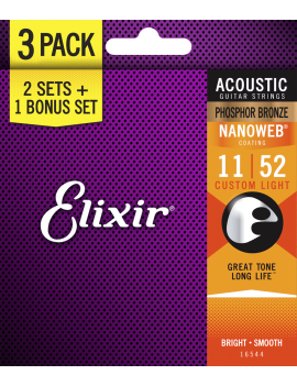 Elixir 16544 pack de 3 jeux Acoustic Nanoweb Phosphor bronze 11-52